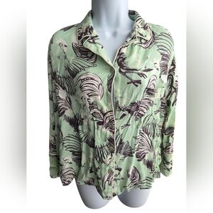 Rachel Antonoff Green Rooster Print Silk Shirt Size XS AS IS
